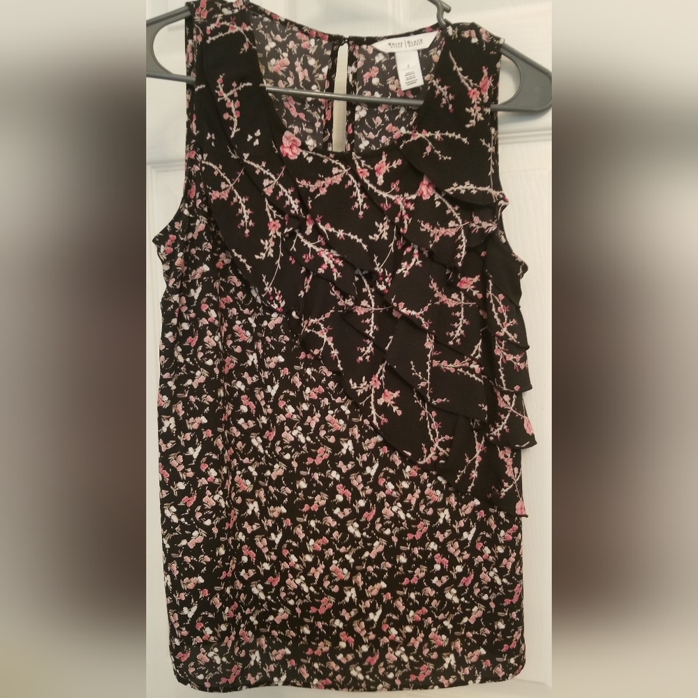 White House Black Market Ruffled Sleeveless Blouse in Black and Pink